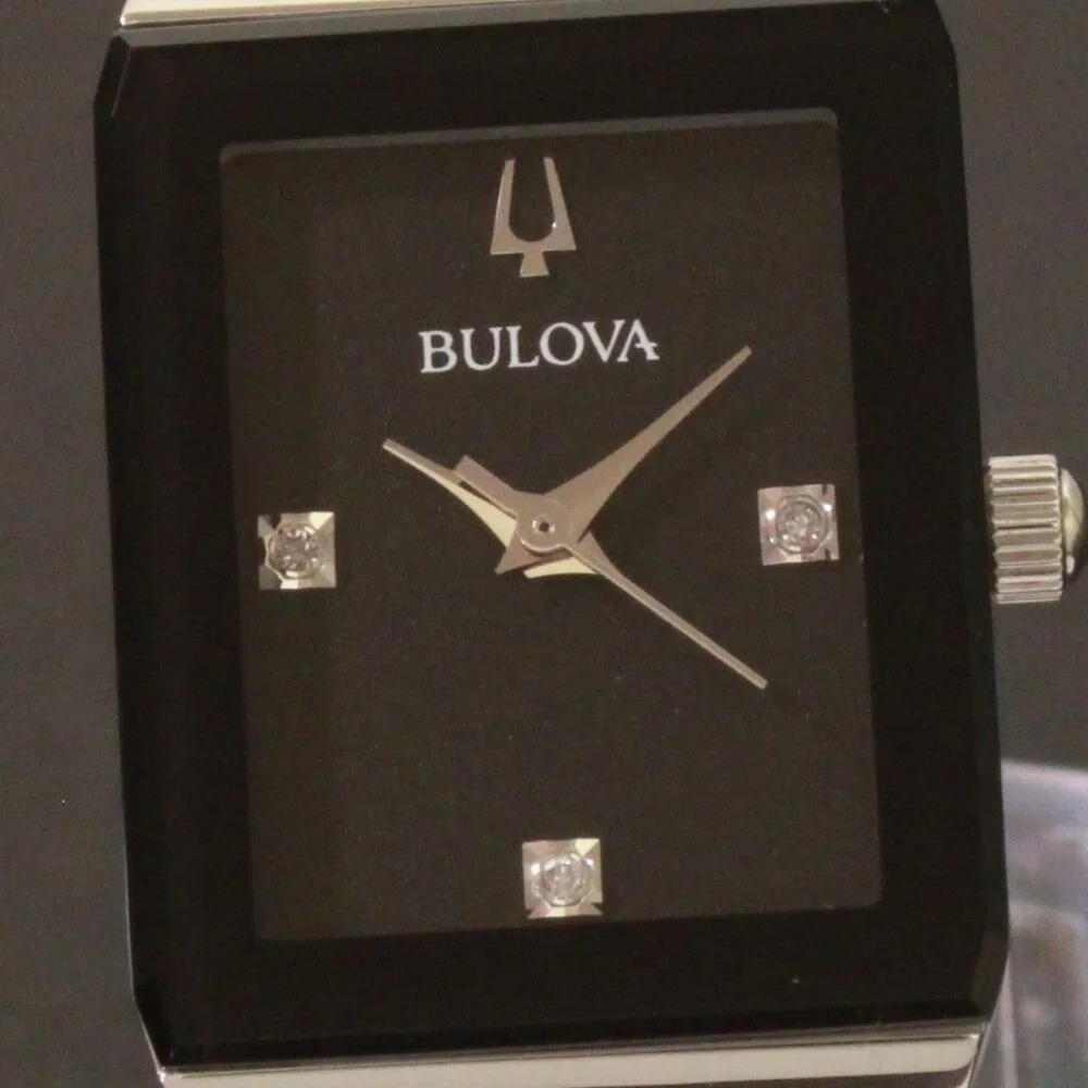 Bulova Ladies Quadra Watch Diamond Indices Black Dial Stainless 20mm